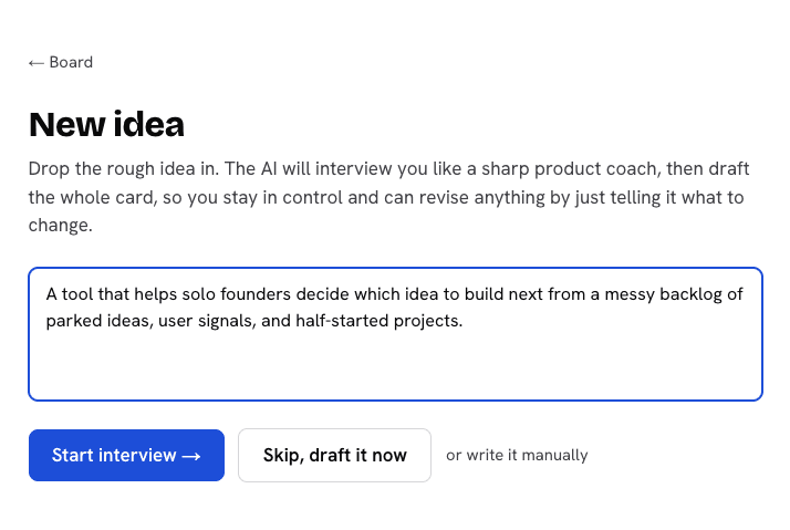 Whittle new idea screen with the AI interview prompt and rough idea field.